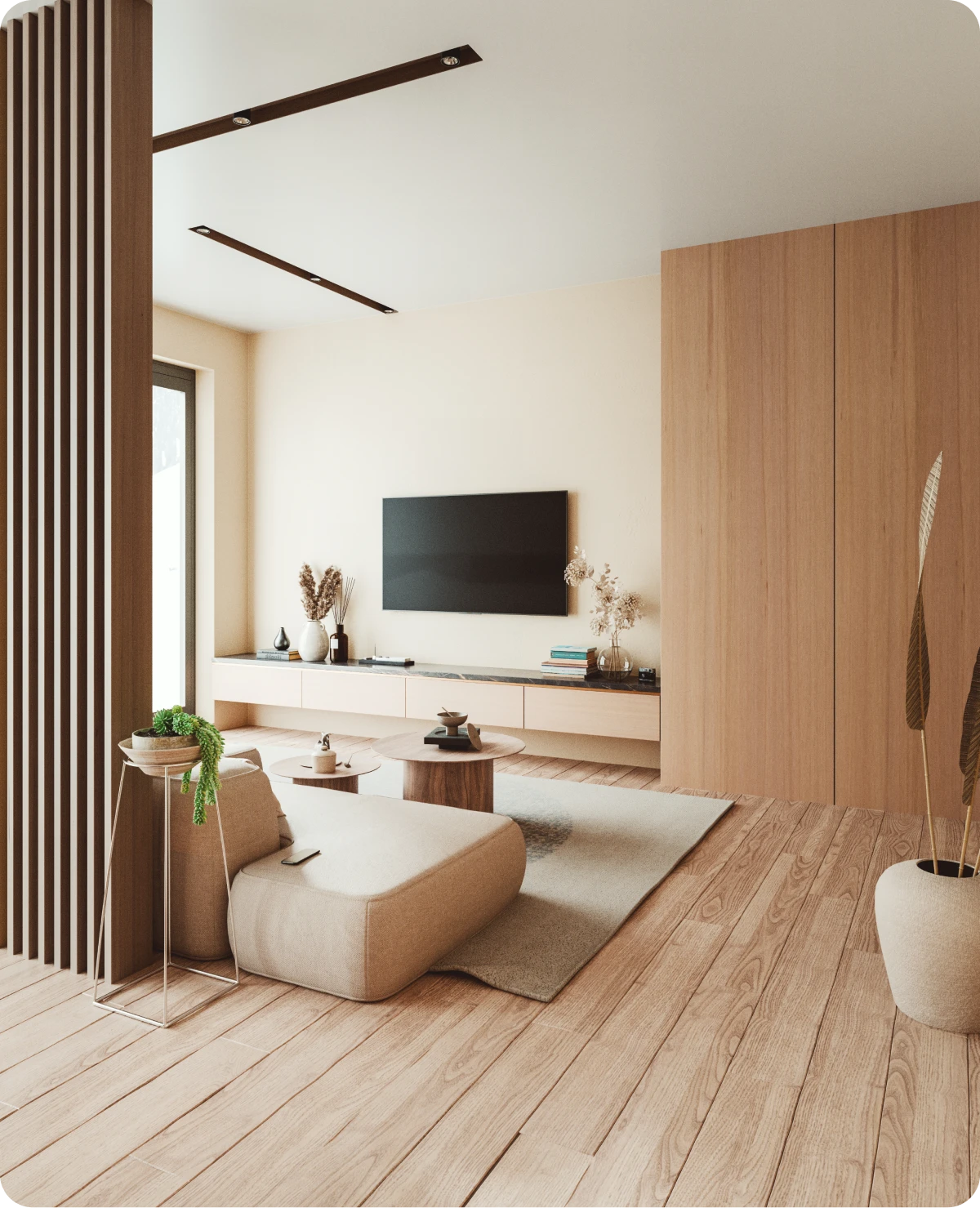 Cozy living space with neutral decor