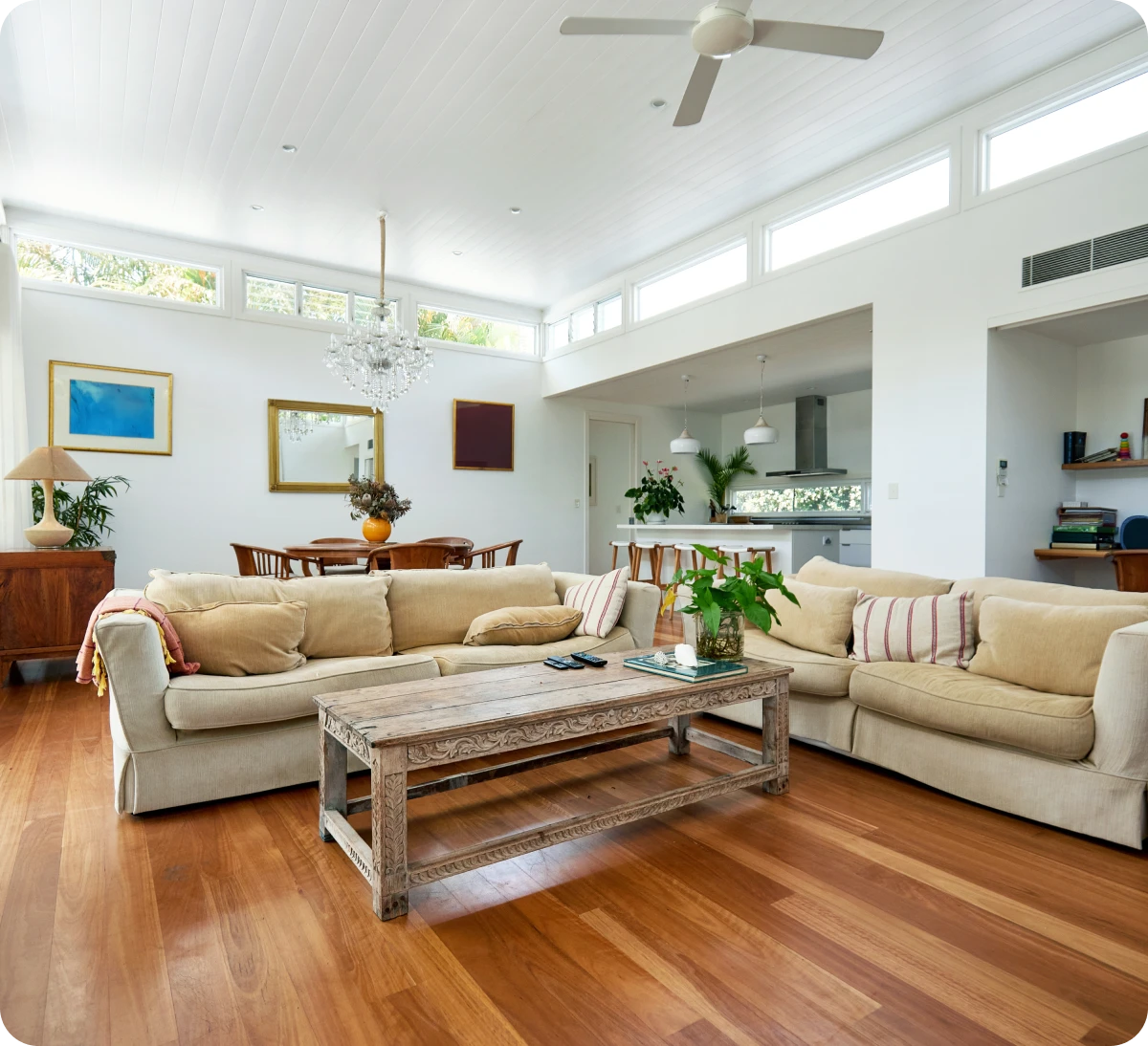 Modern living area with wooden flooring
